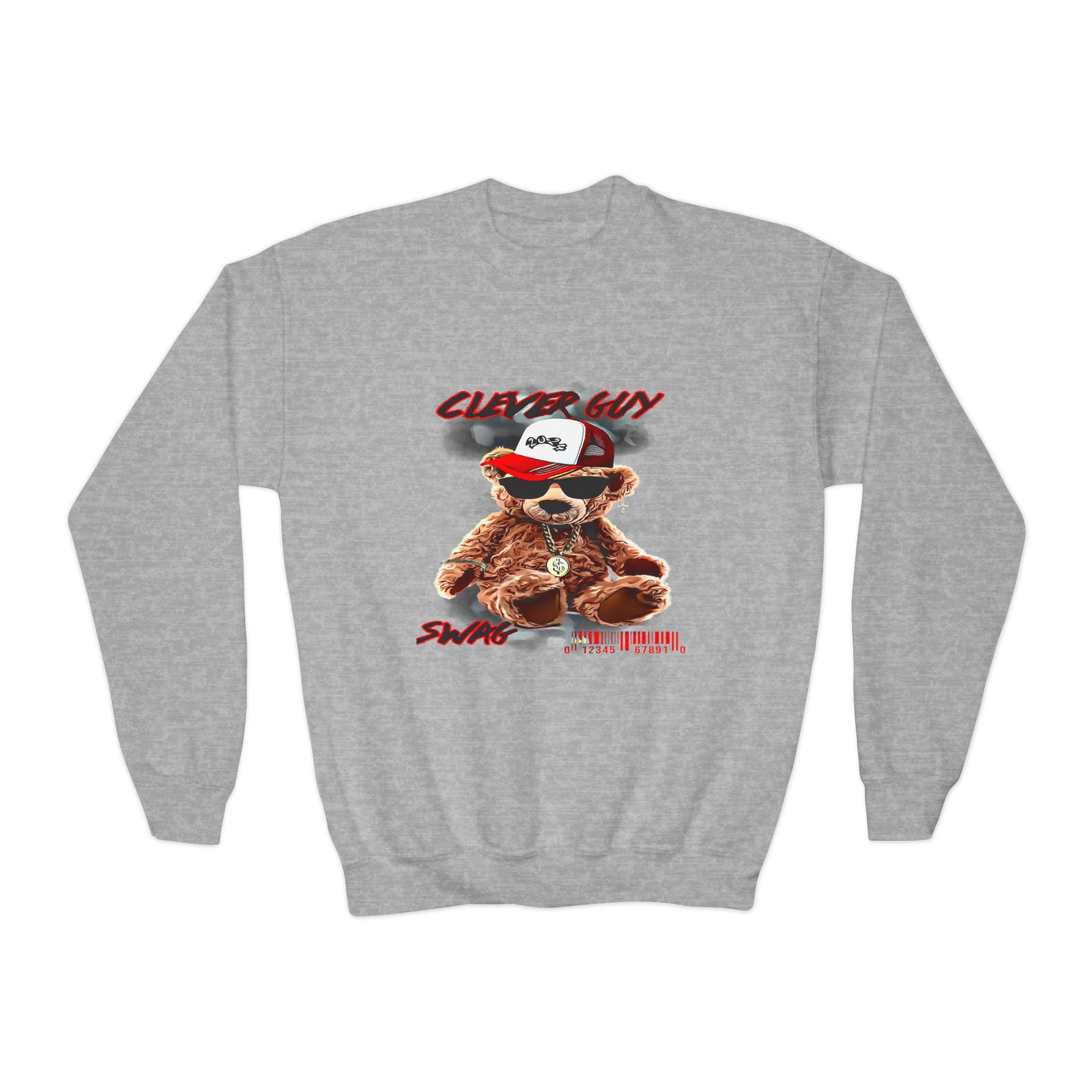 Youth Crewneck Sweatshirt — Cool Teddy Bear "Clever Guy" Graphic