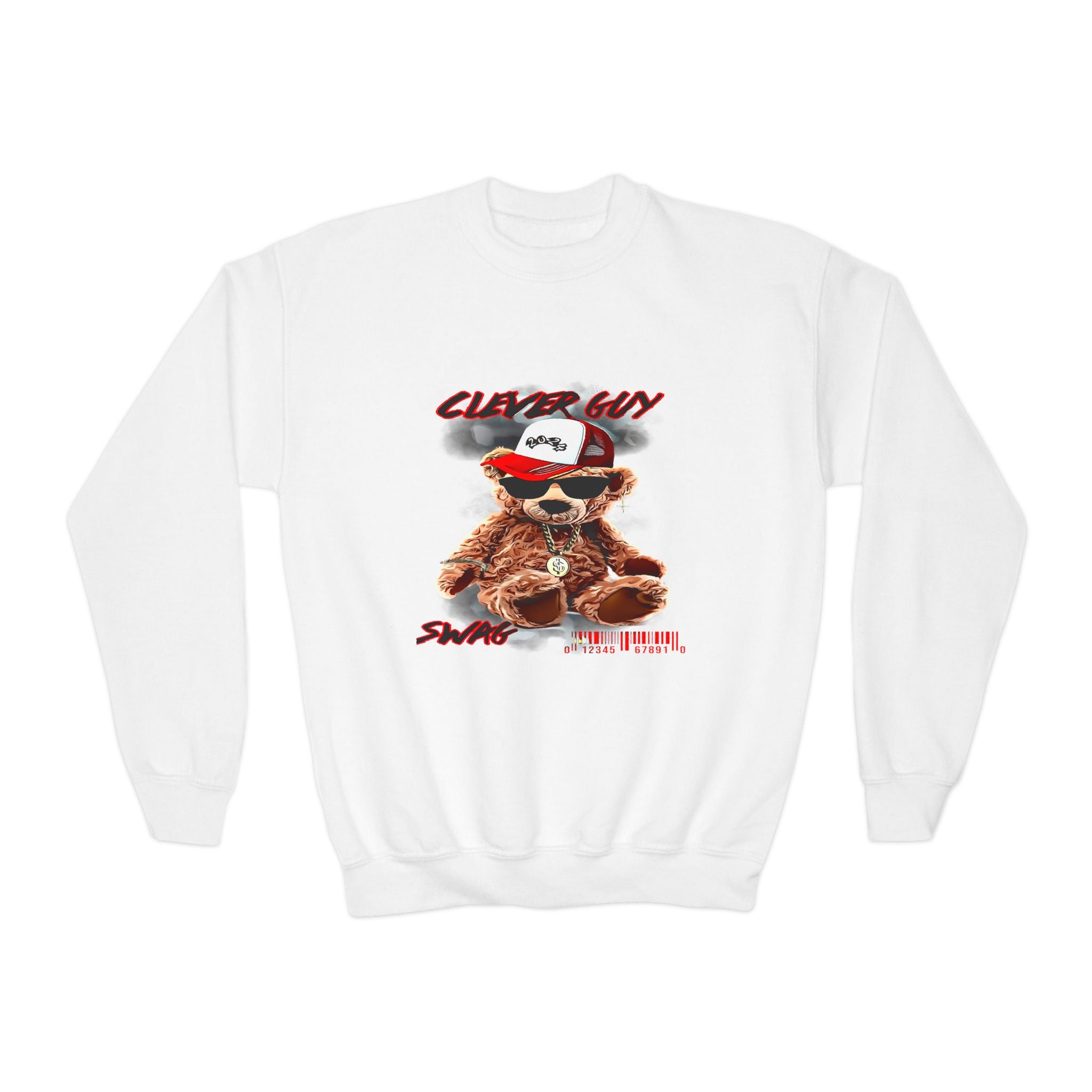 Youth Crewneck Sweatshirt — Cool Teddy Bear "Clever Guy" Graphic