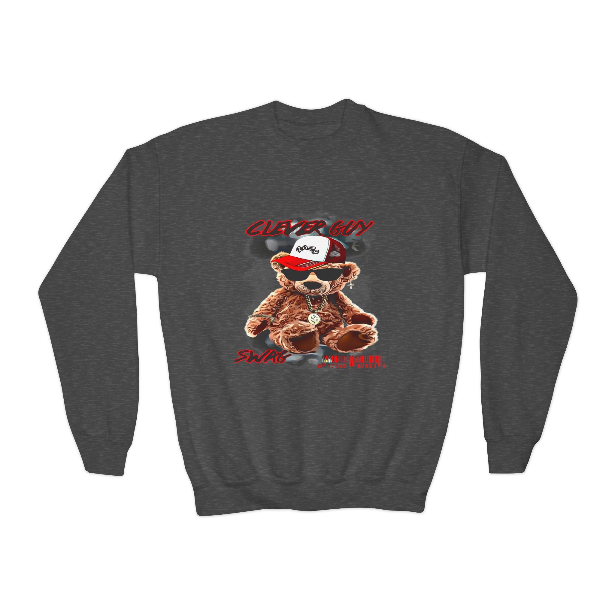 Youth Crewneck Sweatshirt — Cool Teddy Bear "Clever Guy" Graphic